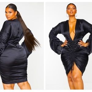 Prettylittlething black satin ruched dress